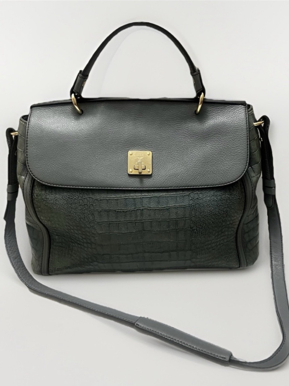 MCM Mocha Luxe Handbag 2010 Vintage Croco Leather Satchel Bag Rare Khaki Gray - Picture 2 of 16